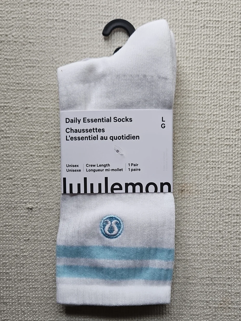 lululemon athletica White Crew Socks with Light Blue Stripes